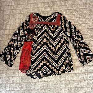 Desigual Black/white/red Patchwork Chevron  Top with Adjustable Bell Sleeves